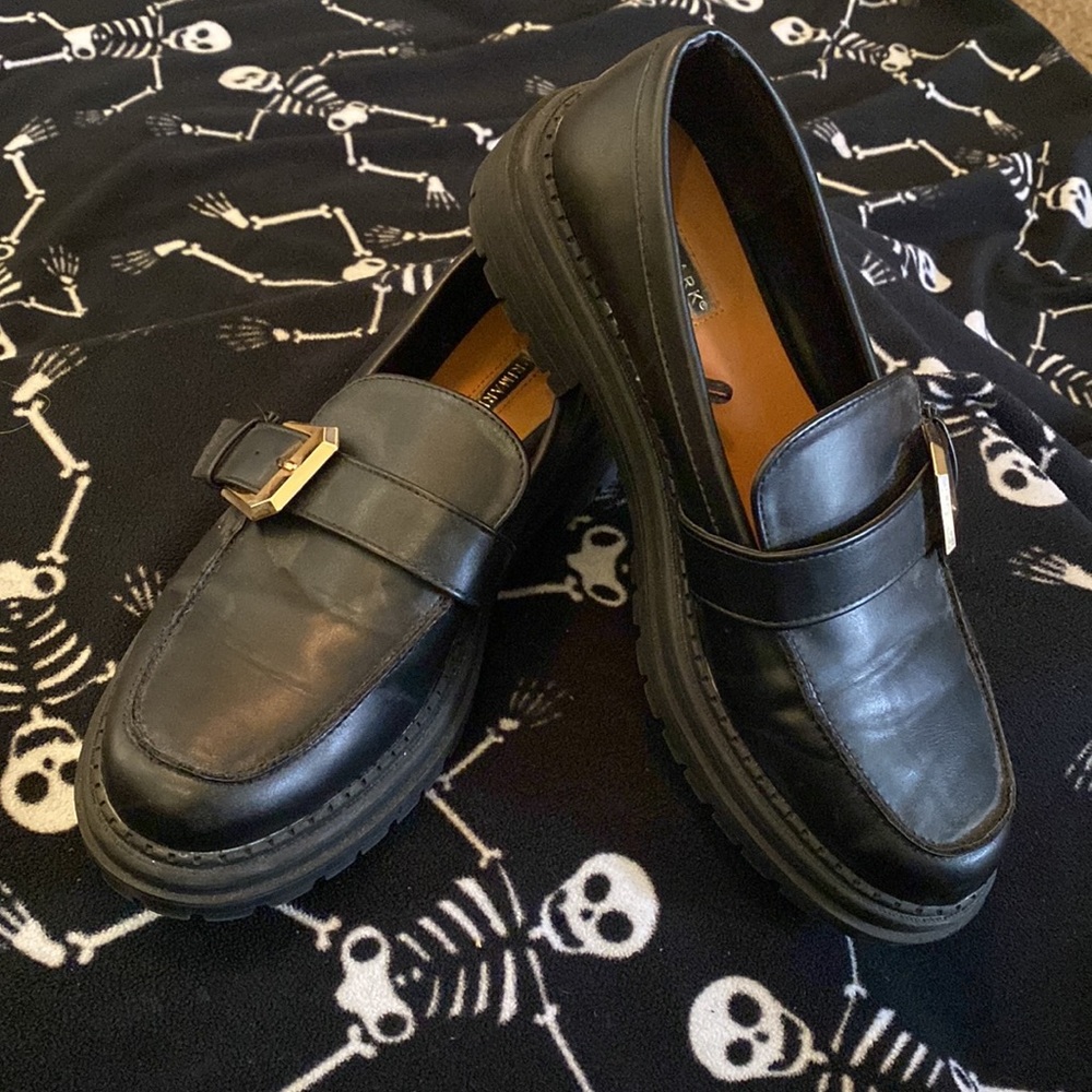 Black trendy chunky heeled loafers faux leather